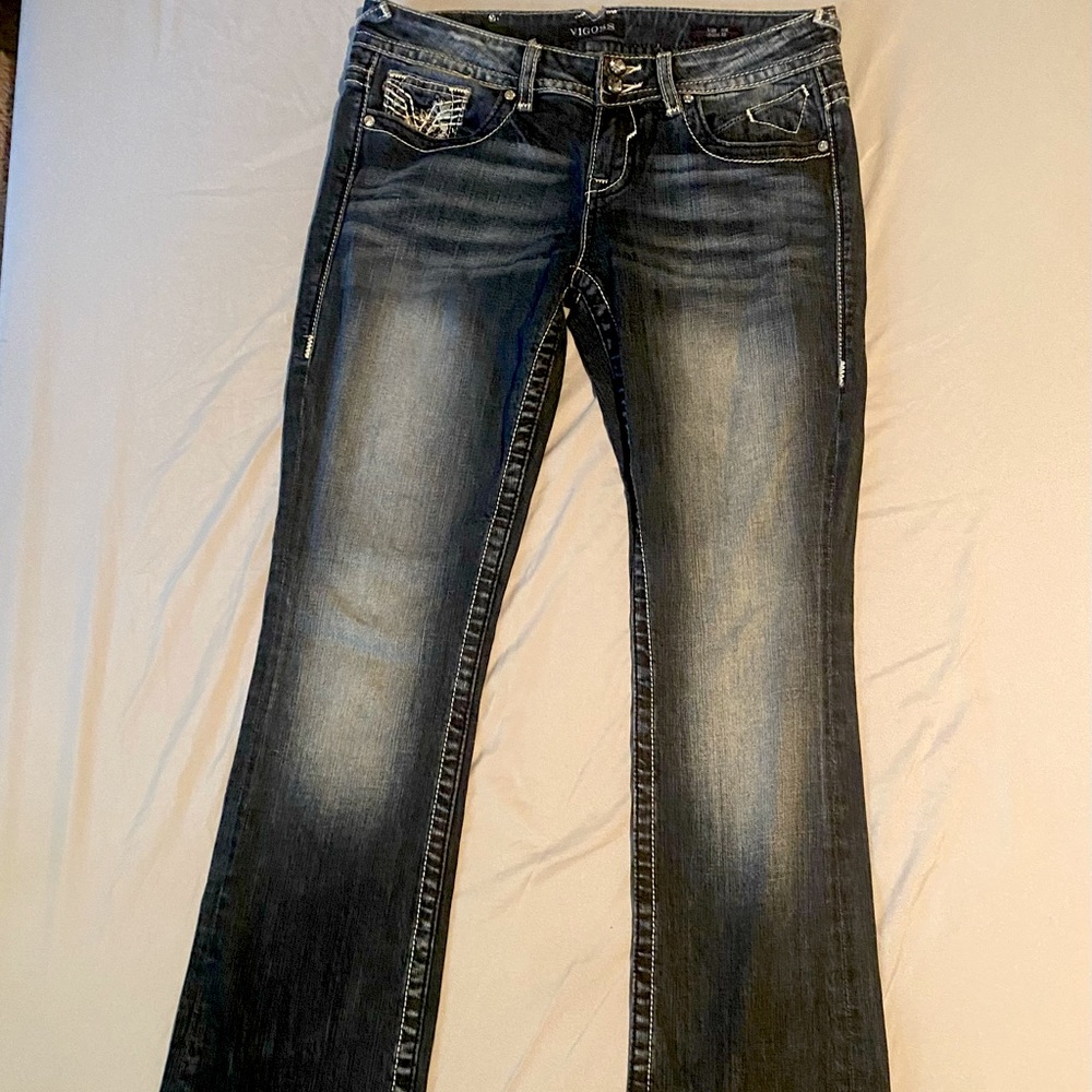 Vigoss “The Chelsea Slim Boot” low-rise dark-wash jean with faux diamond detail